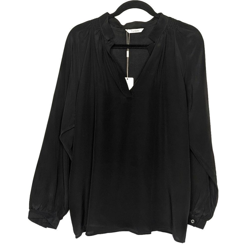 Tucker Long Sleeve Polo Blouse Black in Crepe de Chine Silk Top